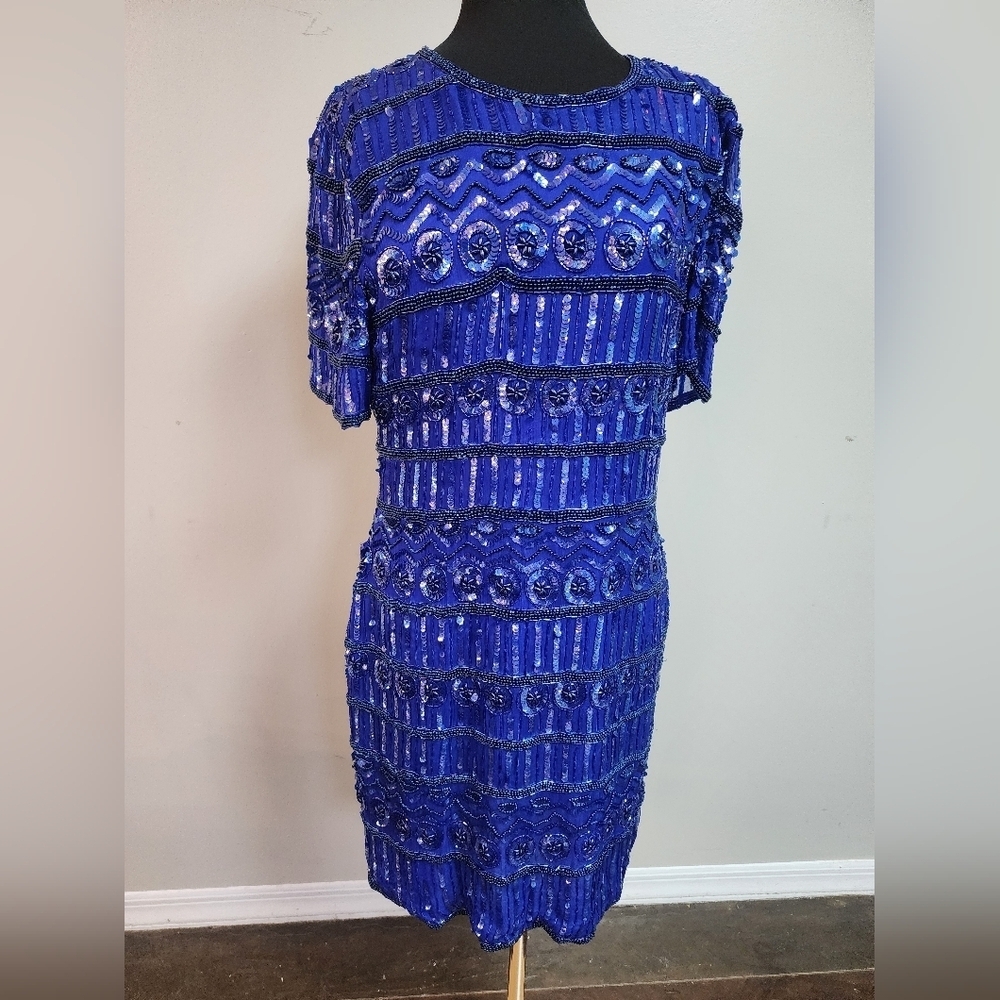 Vintage Hand-Beaded Sequin Dress | Blue | Size Large